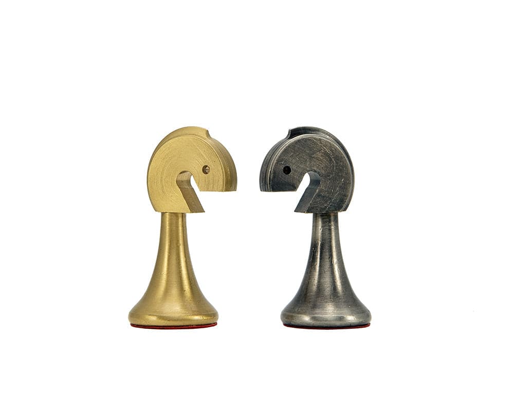 Metropolis Series brass and nickel knight chess pieces, hand turned, minimalist design.