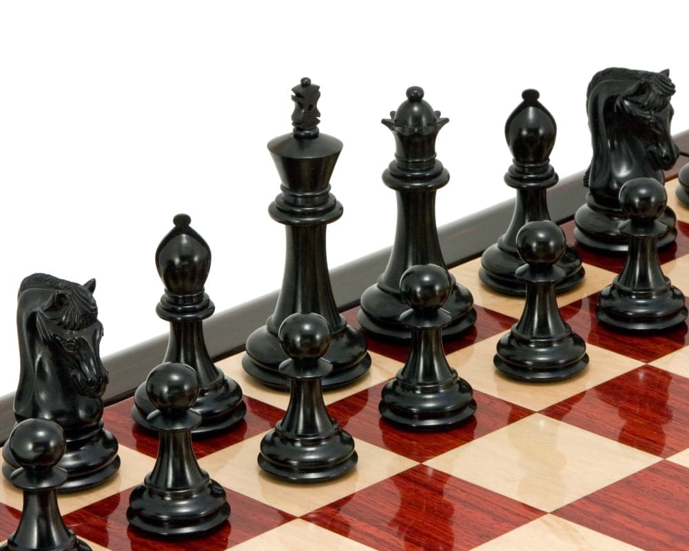 Luxury Canterbury Knight Series ebony chess pieces set on a 23-inch board with Staunton design, featuring 4.5-inch king and additional queens.