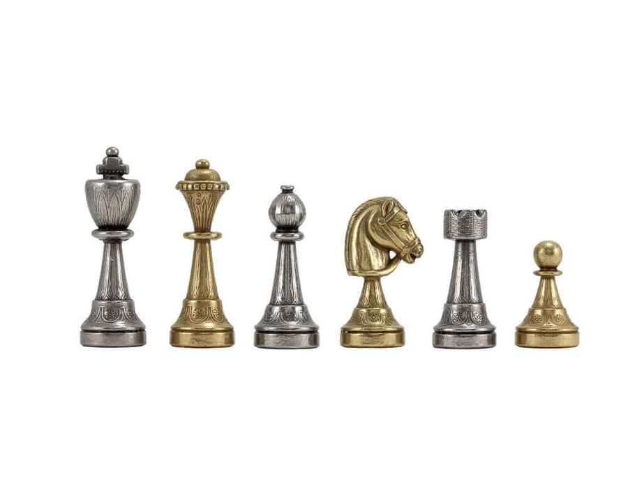 Finnesburg Series 3-inch brass and nickel chess pieces featuring artisanal detail and perfect balance, suited for 17-18 inch boards.