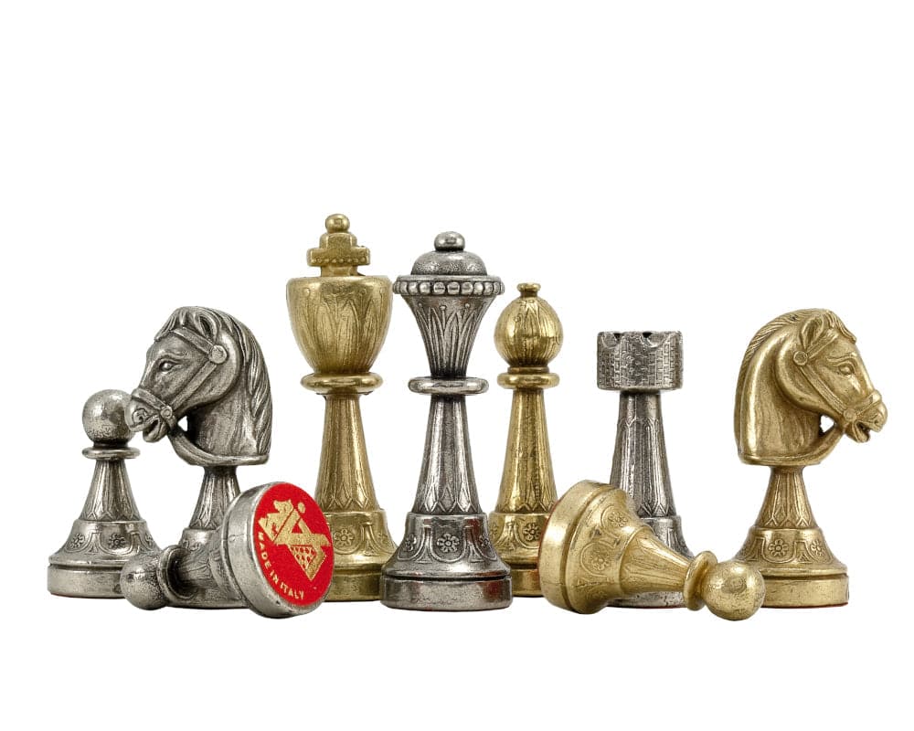 Finnesburg Series brass and nickel chess pieces hand-crafted by Italian artisans, featuring superb detail and weighted for perfect balance