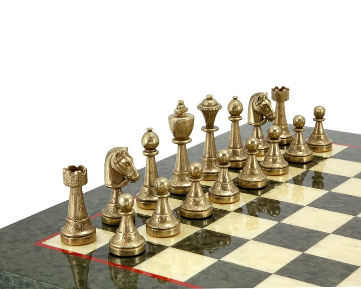 Finnesburg Series brass and nickel chess pieces on chessboard beautifully crafted by Italian artisans, featuring 3-inch king for 17-18 inch board.