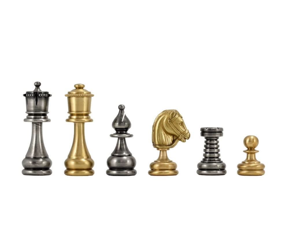 Verona Series 2.75 Inches brass and nickel chess pieces in Shakespearean design, featuring a king, queen, bishop, knight, rook, and pawn