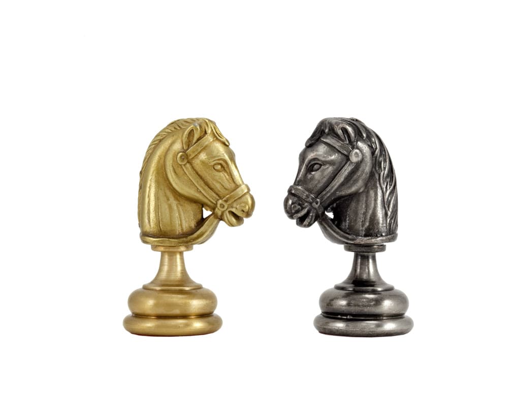 Verona Series brass and nickel knight chess pieces showcasing Shakespearean design, crafted in Italy, ideal for 17 or 18" board.