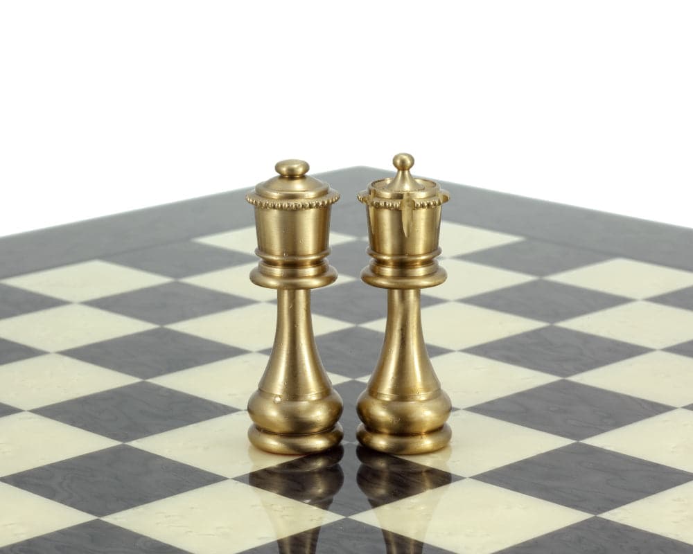 Verona Series brass and nickel king and queen chess pieces on chessboard, crafted in Italy, ideal for 17 or 18-inch boards.