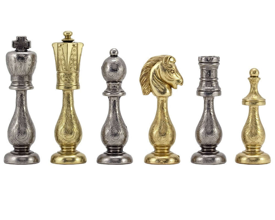 Maghreb Brass and Nickel Chess Pieces with Filigree Detail, Crafted in Italy, 4 Inches King, Weighted for Perfect Balance