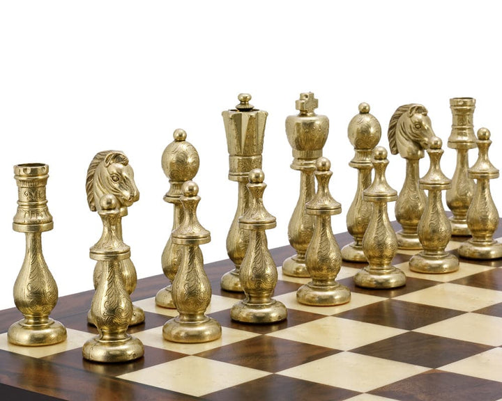 Maghreb Brass and Nickel Chess Pieces on Wooden Board