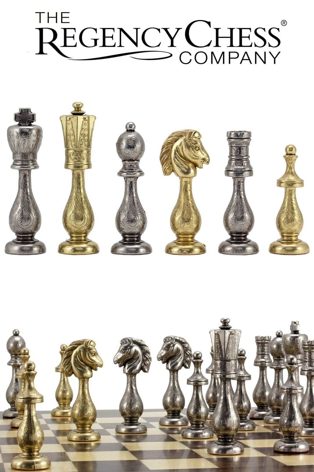 Maghreb Brass and Nickel Chess Pieces with intricate filigree detail, crafted by Milanese artisans, beautifully displayed on a chessboard.