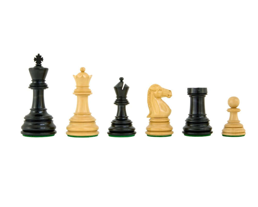 Cheltenham Series Ebony and Boxwood Chess Pieces, Handcrafted, 3.75 Inches, Featuring King, Queen, Rook, Bishop, Knight, and Pawn.