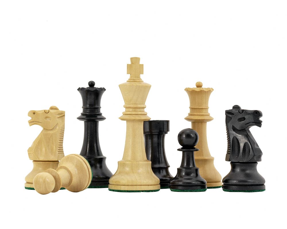 Conquest Series ebonised and boxwood Staunton chess pieces with 4-inch king, additional queens, weighted and felted bases for 19-inch board.