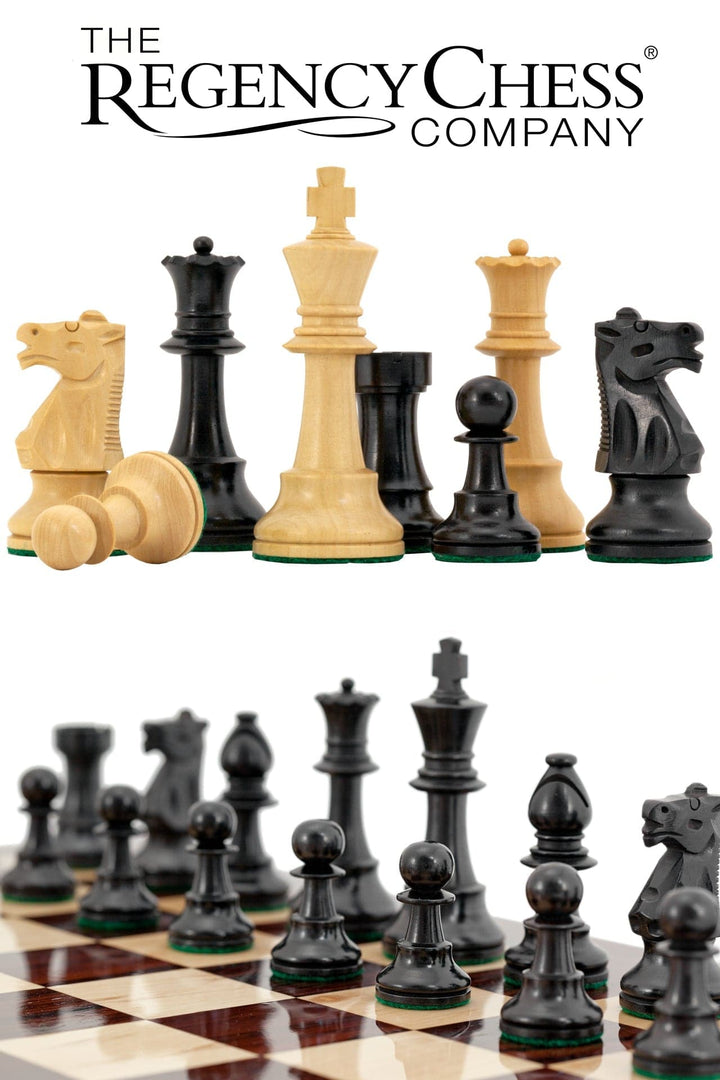 Conquest Series Ebonised Chess Pieces with 4 Inch King and Additional Queens on Regency Chess Company Board