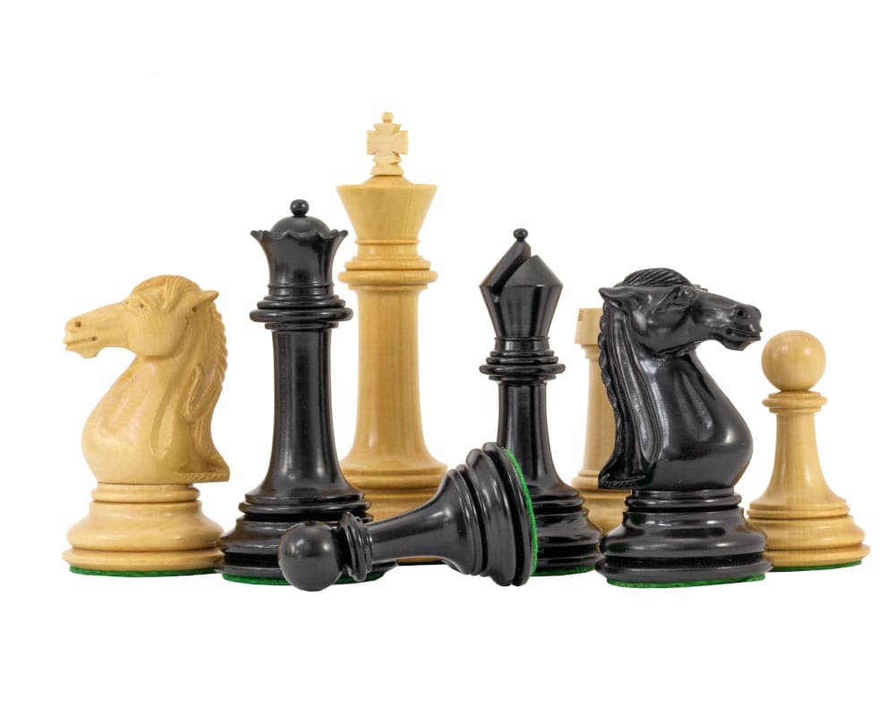 Parthenon Series Ebony and Boxwood Chess Pieces, 4.5-inch king, weighted for balance, luxury set with additional queens and billiard cloth bases