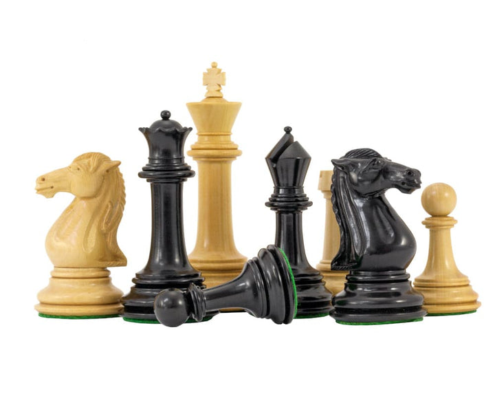 Parthenon Series Ebony and Boxwood Chess Pieces, 4.5-inch king, weighted for balance, luxury set with additional queens and billiard cloth bases