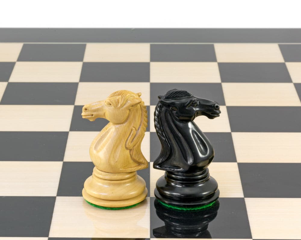 Parthenon Series Ebony and Boxwood Chess Knights on Chessboard - 4.5 Inches