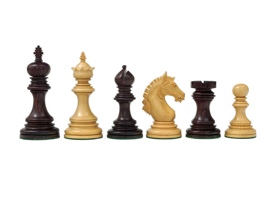 Luxury Staunton Garvi 4.25-inch Rosewood Chessmen set showcasing expertly hand-carved chess pieces with intricate detailing.