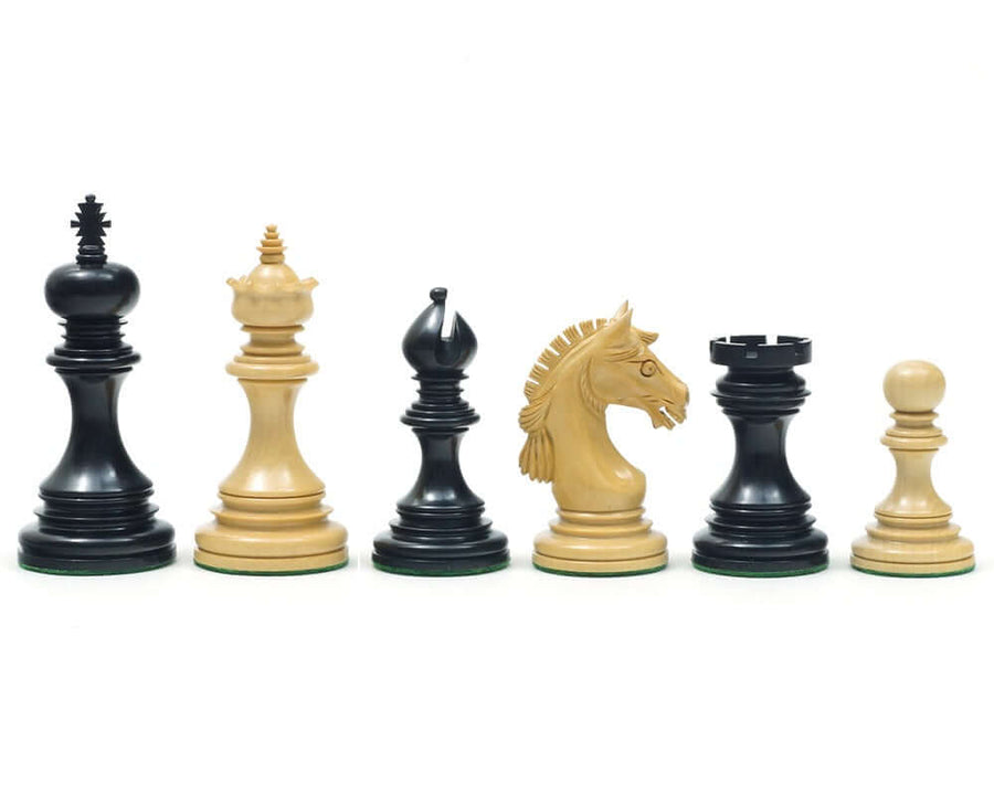 The Garvi Ebony Chessmen 4 Inches with Staunton and Mughal design, featuring expertly crafted ebony pieces and a 4-inch king.