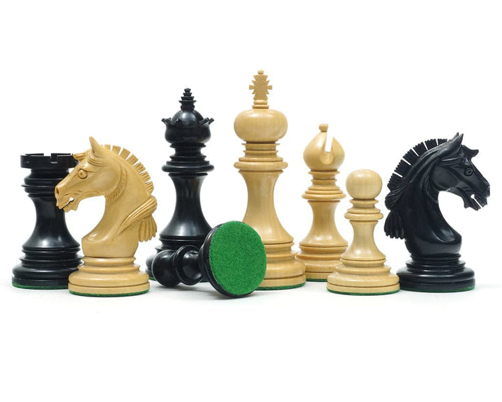 The Garvi Ebony Chessmen 4 Inches with Mughal influence, featuring a 4-inch king, expertly crafted and weighted with billiard felt bases.