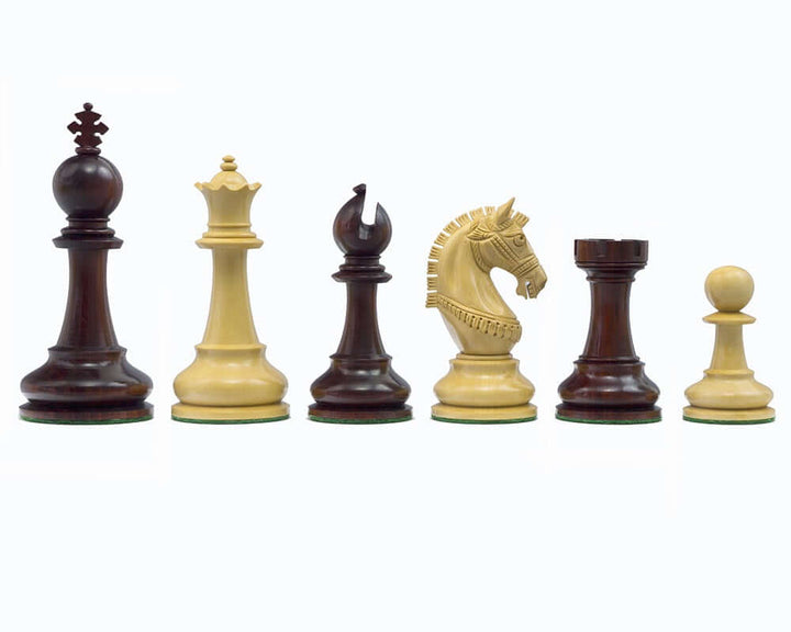 The La Valletta Redwood Chessmen set featuring intricately designed knight and pieces, handcrafted from solid redwood.