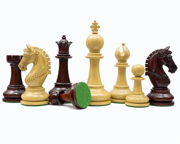 The La Valletta Redwood Chessmen set with detailed knights and 4.5 inch king, handcrafted from redwood, ideal for 21 inch board.