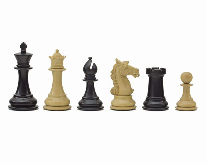 Columbus Series Chessmen Ebony 4 inch decorative Staunton design set on display, beautifully crafted from ebony and featuring 4 inch imperious King.