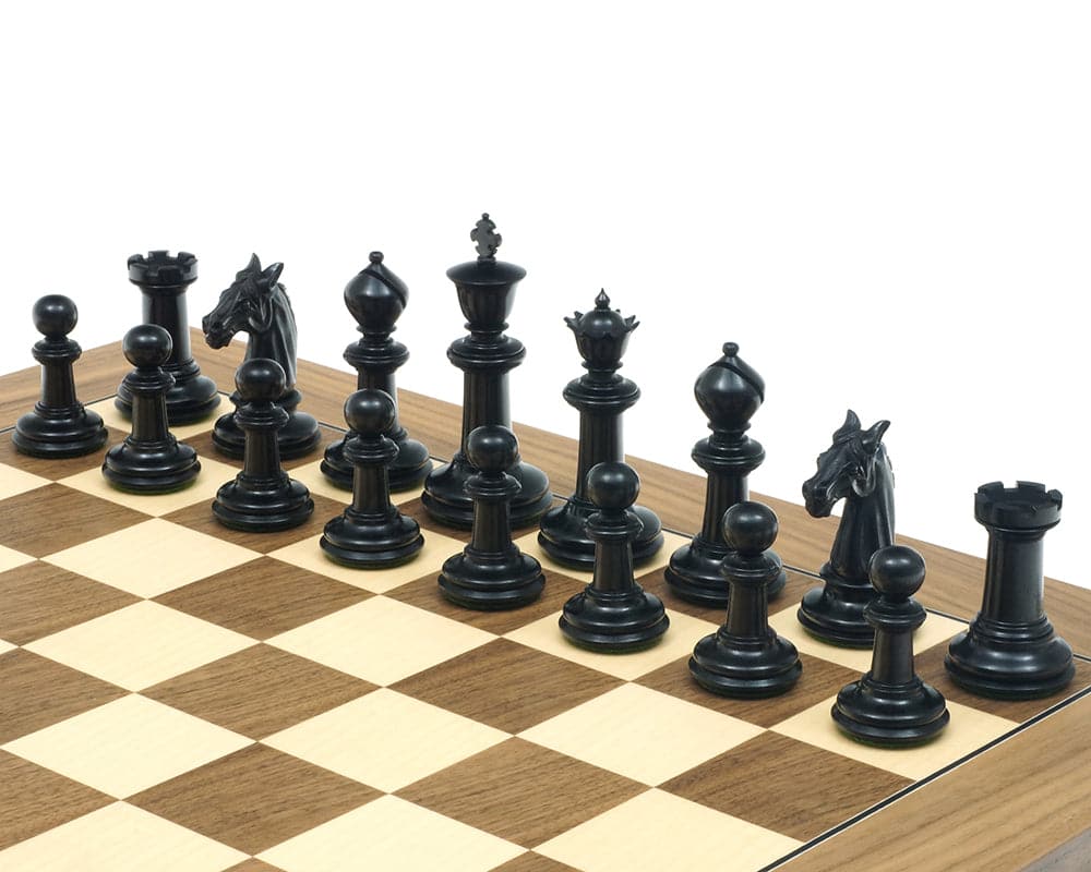 Traditional Staunton ebony chessmen on chessboard, featuring 3.75 inch king and carved luxurious pieces, perfect for 20 inch board.