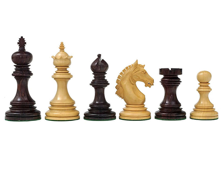 The Garvi 4 inch Rosewood Chessmen, inspired by 16th century Indian history, featuring intricately crafted and weighted chess pieces.