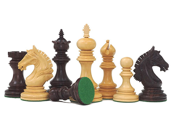 The Garvi 4 inch Rosewood Chessmen set inspired by 16th century Indian history, featuring intricately carved and weighted pieces with billiard cloth bases.