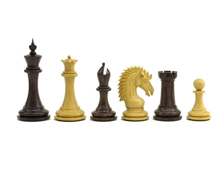 The Sheffield Knight Rosewood Chessmen, hand-carved and exquisitely ornate, featuring a 4.25 inch King and intricately detailed knight piece.