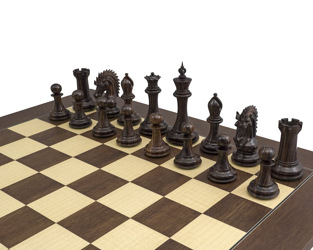 The Sheffield Knight Rosewood Chessmen 4.25 inch handcrafted, weighted chess pieces on a 21.7 inch board with billiard cloth bases.