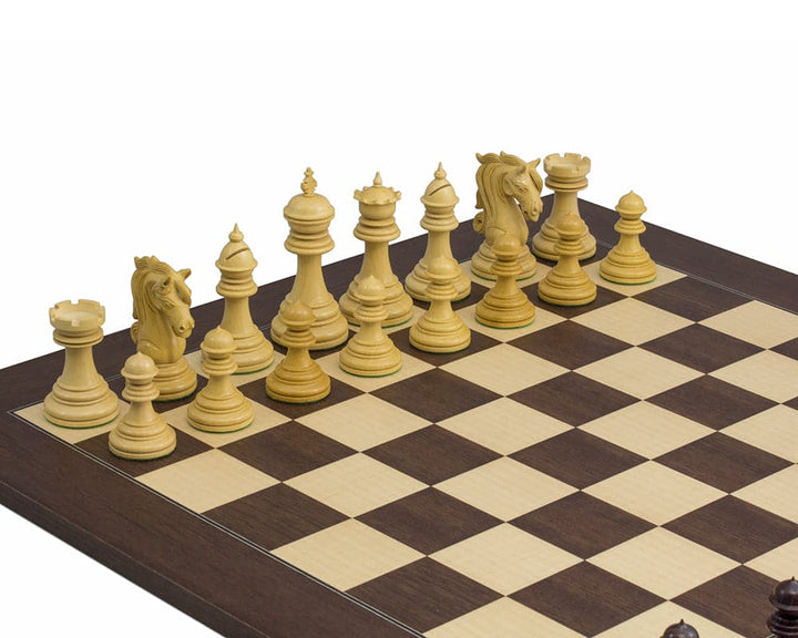 Rosewood Kingsgate chessmen set with 4.25-inch king on checkered board, handcrafted and ornately carved pieces, including additional queens