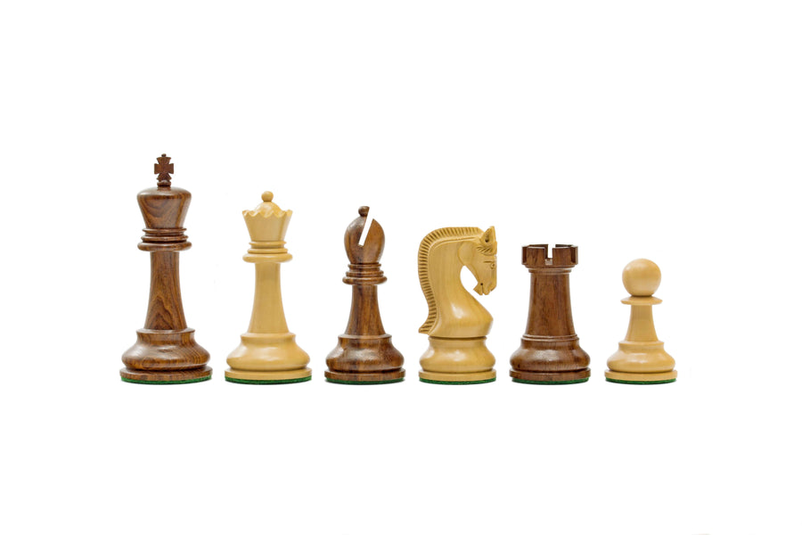 Leningrad Series Acacia Chess Men set featuring king, queen, bishop, knight, rook, and pawn on white background.