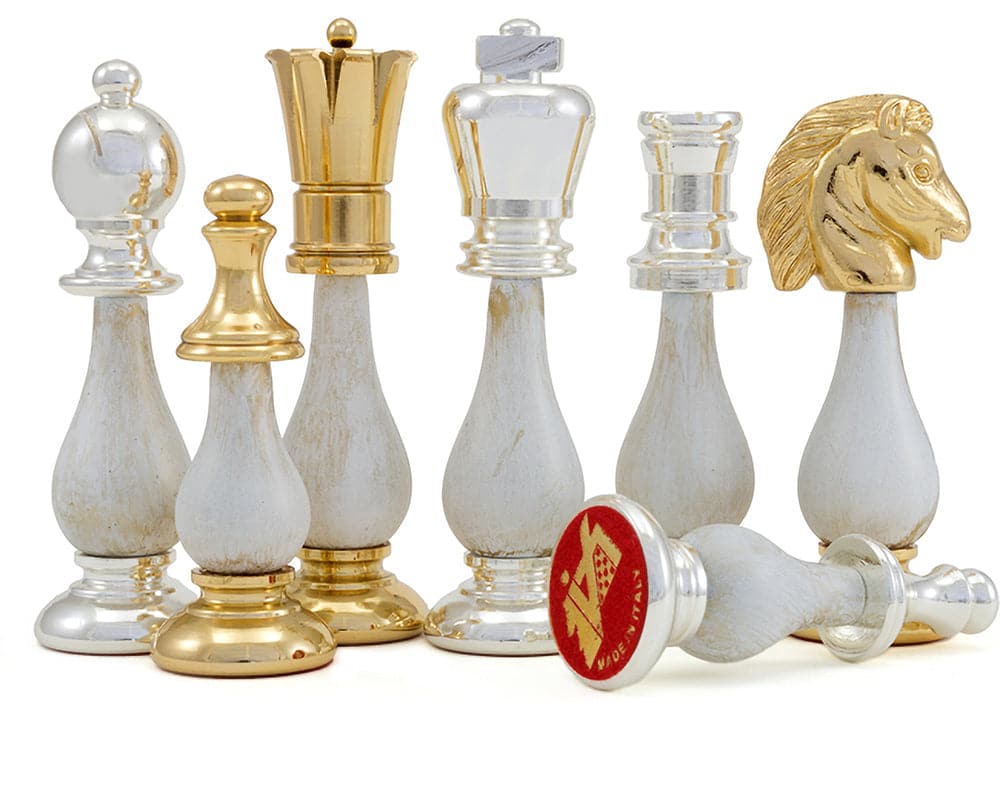 The San Severeo 24 Carat Gold and 990 Silver Plated Chess Pieces, featuring a 3.75" King, crafted in Italy by Italfama.