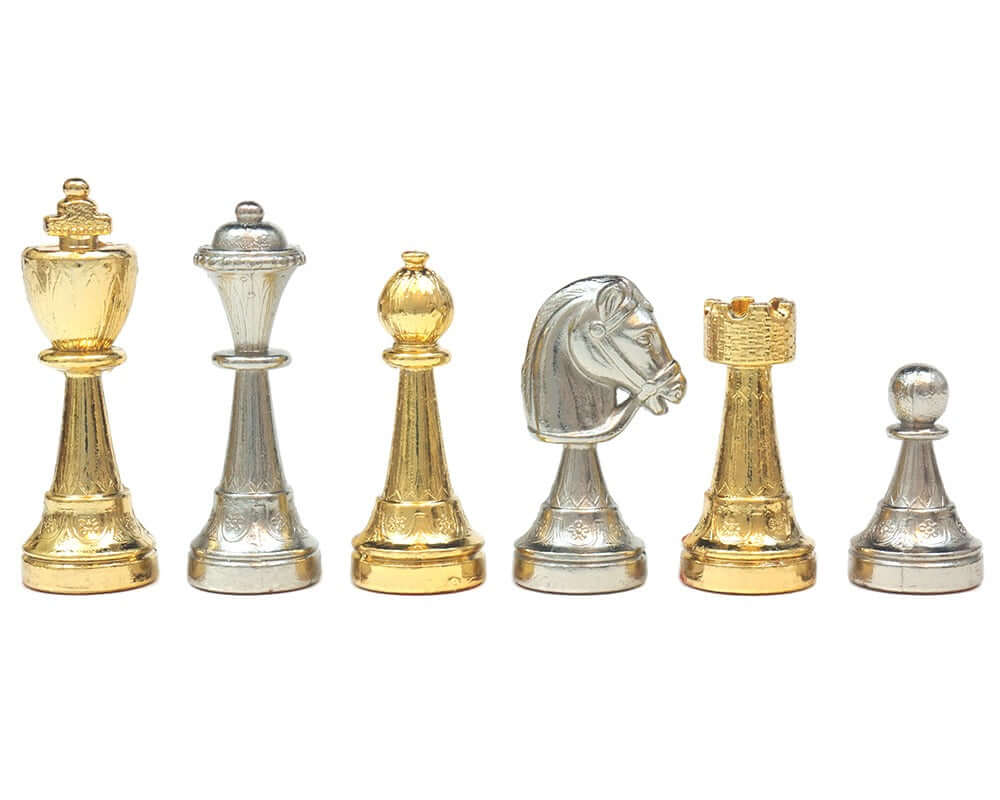 The Messina Gold and Silver Plated Italian Chessmen display luxurious, expert craftsmanship with gold and silver plating, featuring a 3-inch king.