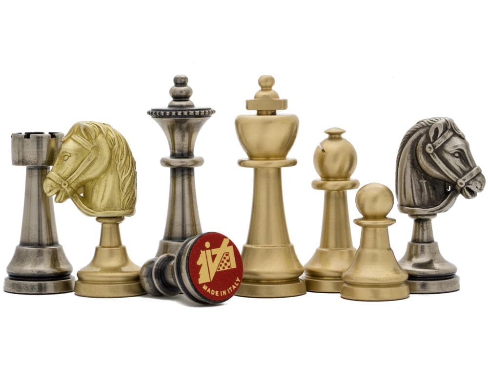 The Turin Metal Chess Men by Italfama, brass and nickel-plated, Italian artisanal chess pieces, 2.8 inch king, perfect for display and use