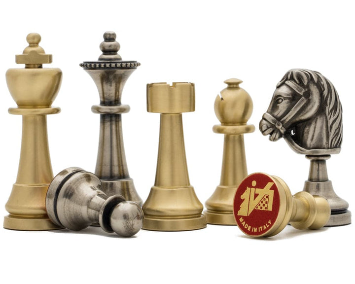 The Turin Metal Chess Men by Italfama featuring brass and nickel-plated pieces, meticulously crafted with superb detail and perfect balance. Made in Italy.