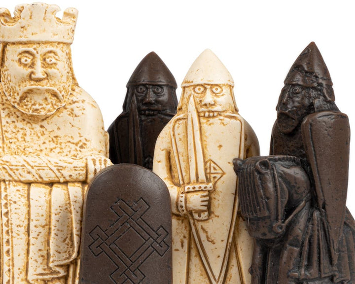 Close-up view of Regency Chess Official Lewis Chessmen Set pieces featuring intricate designs and high-quality craftsmanship.