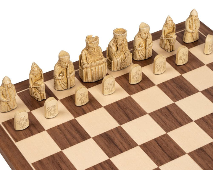 Isle of Lewis Official Chessmen on wooden chessboard - Medium Size 2.75 inch King - Handcrafted in the UK - Authentic reproductions