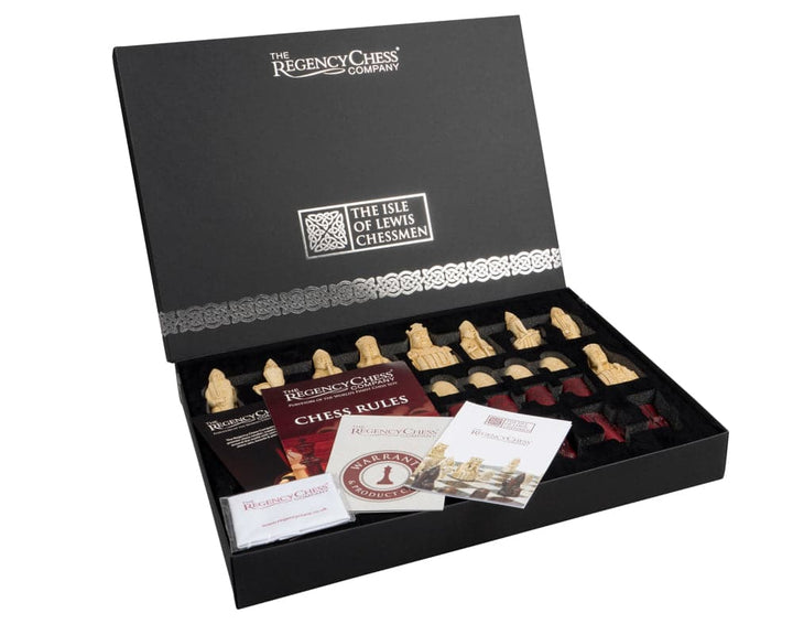 Isle of Lewis 3.25" Red Chessmen Official Ltd Edition Set in gift packaging showing chess pieces and instructional materials.