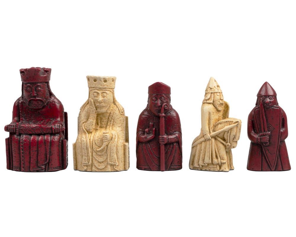 Isle of Lewis 3.25" Red and Ivory Chessmen Ltd Edition Set, front view of five meticulously crafted, high-quality chess pieces.