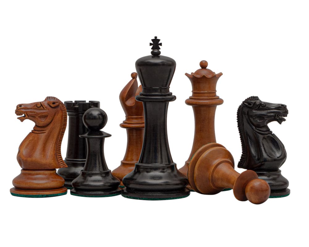 Reproduction Staunton Chessmen 1849 Model with 4.4 inch King in antiqued boxwood and ebony, showing superb detail and high-quality finish