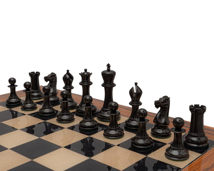 Reproduction Staunton Chessmen 1849 Model Ebony and Antiqued Boxwood 4.4 inch King Set on Chessboard