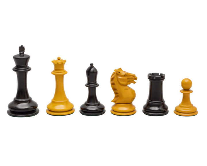 Harrwitz Black and Antiqued Reproduction Chess Men 3.5 inch set with king, queen, bishop, knight, rook, and pawn in boxwood finish.