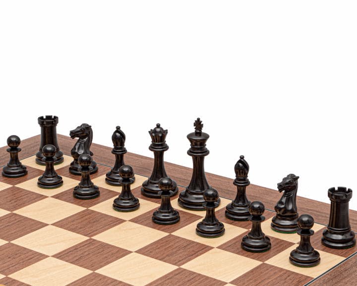 The Rochester Ebony Chessmen 4 inch Kings, Staunton Design, Weighted with Billiard Cloth Bases, Premium Ebony Chess Pieces on Wooden Board