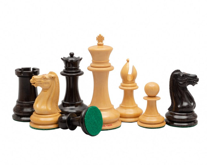 Original Staunton 1849 Ebony Chess Men 4.4 inch set with finely detailed pieces and green felt bases