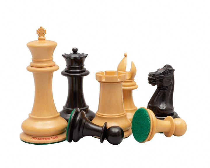 Original Staunton 1849 Ebony Chess Men 4.4 inch set with beautifully crafted pieces in ebony and boxwood, perfect for larger boards.