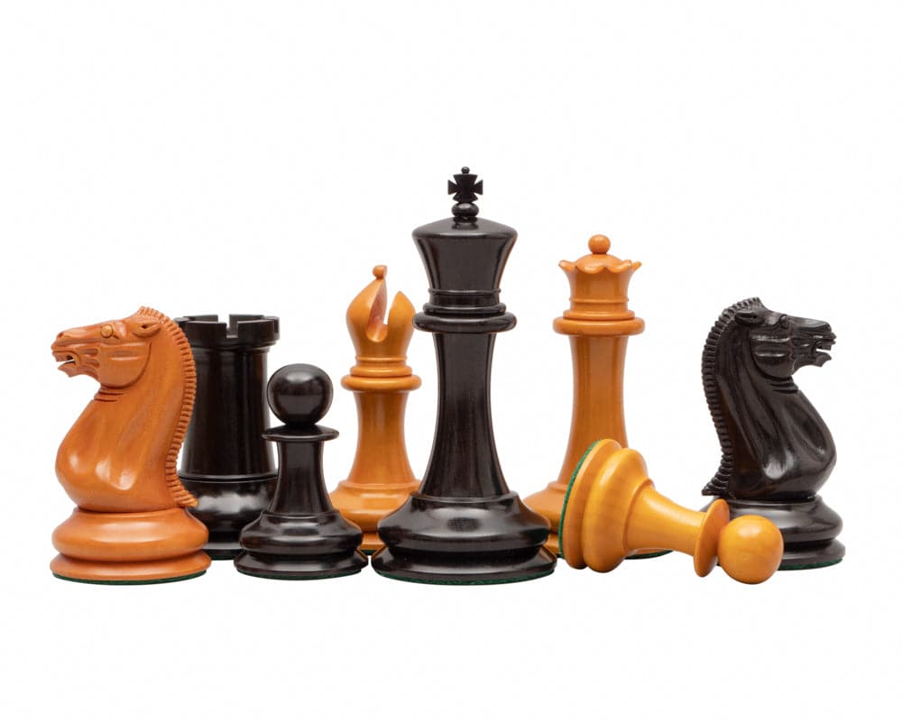 J J Cooke Edition Ebony and Antiqued Boxwood Chessmen Set with 4.4 inch King, featuring intricately detailed pieces and felted bases