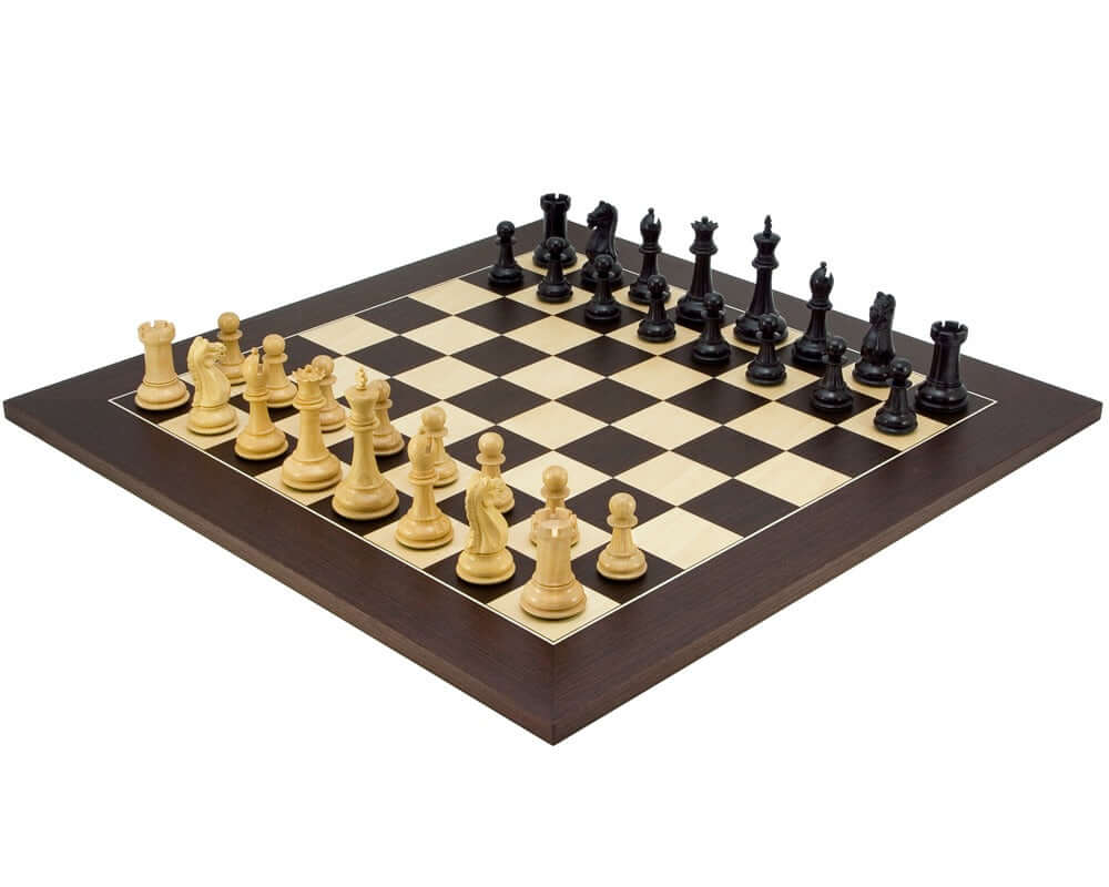 Oxford Series Black and Wenge Chess Set with 3.75 inch king on a 19.7 inch wenge and maple board, featuring handcrafted, weighted chessmen.