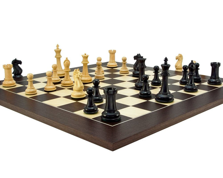 Oxford Series Black and Wenge Chess Set with 3.75 inch king on a 19.7 inch wenge and maple chessboard, based on classic Staunton design