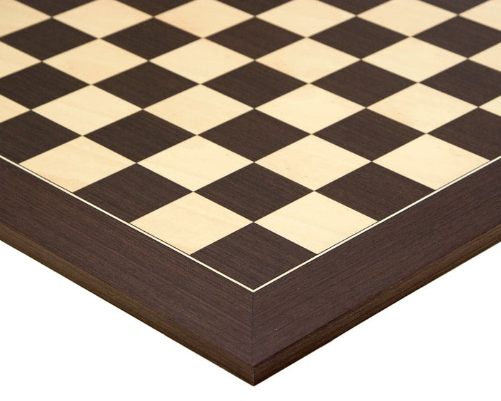 Close-up of wenge and maple chessboard corner from Oxford Series Black and Wenge Chess Set