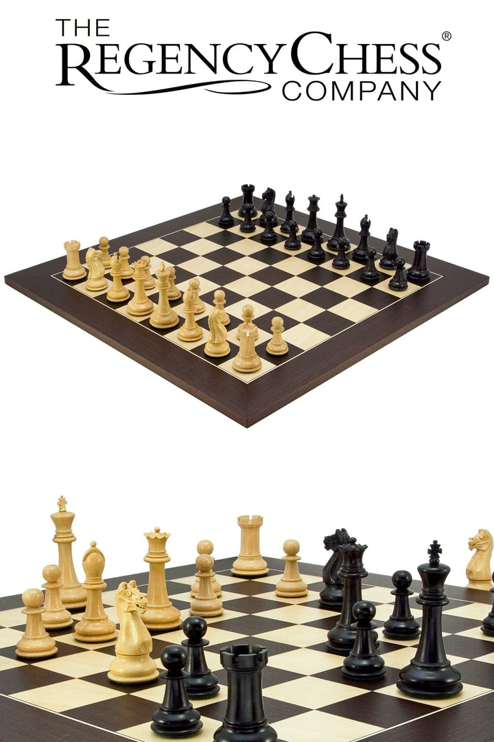 Oxford Series Black and Wenge Chess Set with black and boxwood pieces on wenge and maple board by The Regency Chess Company.