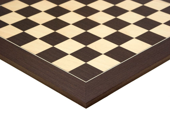 Close-up of wenge and maple chess board from Antipodean Deluxe Tournament Chess Set showing elegant and distinctive craftsmanship.